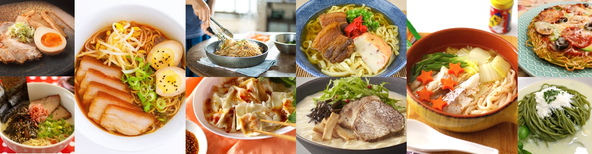 木のテーブルに並べられた日本の麺料理の盛り合わせ。