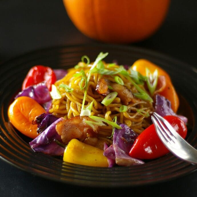 Yakisoba with colorful vegetables such as red cabbage and sweet mini peppers