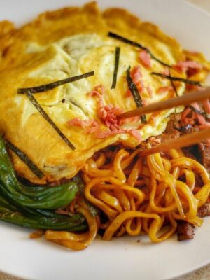 Red ginger on top of yakisoba