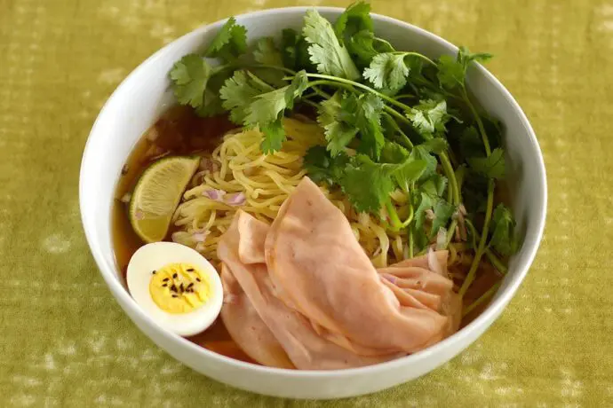 Salted eggs, boiled eggs soaked in the brine, on top of ramen