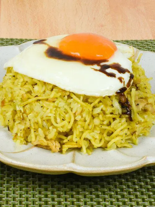 Curry soba meshi - a mixed dish of yakisoba and fried rice with a sunny side up eggs using Signature Curry Yakisoba