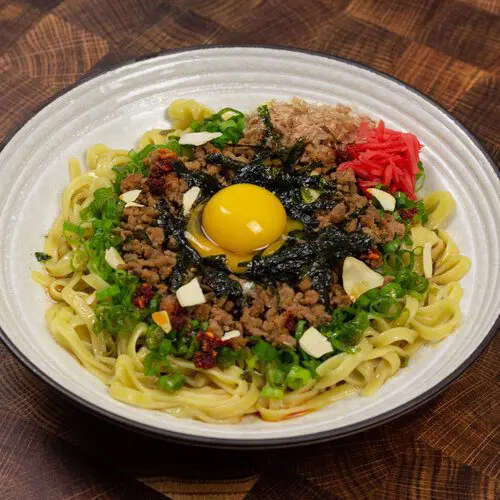 Mazemen ("mixed noodle" ramen with out the broth) made with Okinawa Soba topping with ground pork, scallions, seaweed, katsuobushi (dried bonito flakes), red ginger, and egg yolk