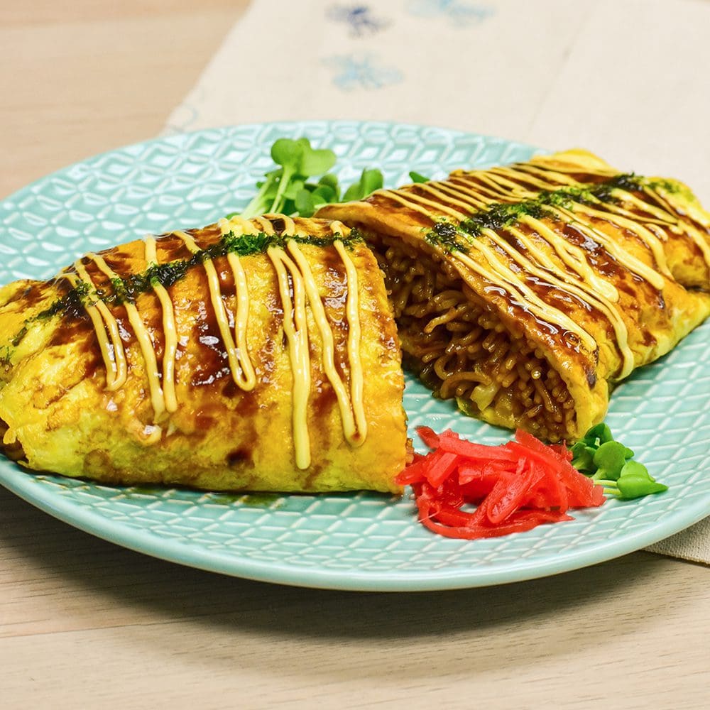 Omusoba - Yakisoba, Japanese stir fried noodles, wrapped inside an omelet