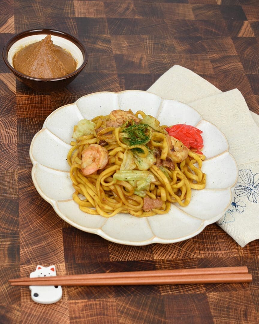 Premium Savory Miso Yakisoba topping with shrimps, red ginger, and aonori