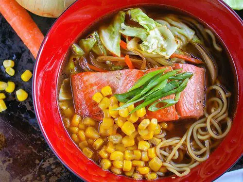 Premium Garlic Miso Ramen toppping with stir-fried salmon fillet and vegetables (Salmon Chan Chan Yaki from Hokkaido)