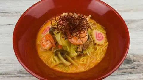 Spicy Nagasaki Champon (a regional dish of Nagasaki, Japan) topping with seafood and vegetables