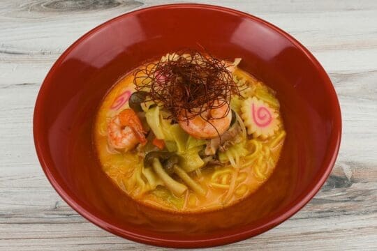 Spicy Nagasaki Champon (a regional dish of Nagasaki, Japan) topping with seafood and vegetables