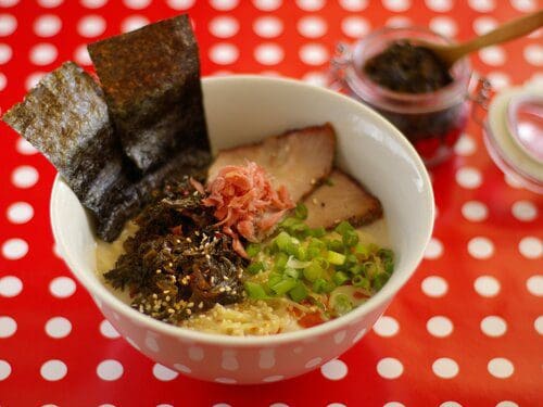 Hakata-style Tonkotsu Ramen with Premium Shio Tonkotsu Ramen topping with stir-fried fermented mustard leaves (takana itame)