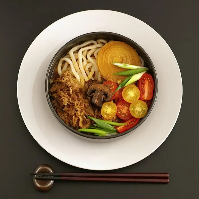 Sukiyaki served with Mushroom Flavor Udon topping with sliced beef, tomatoes, mushrooms, and onion