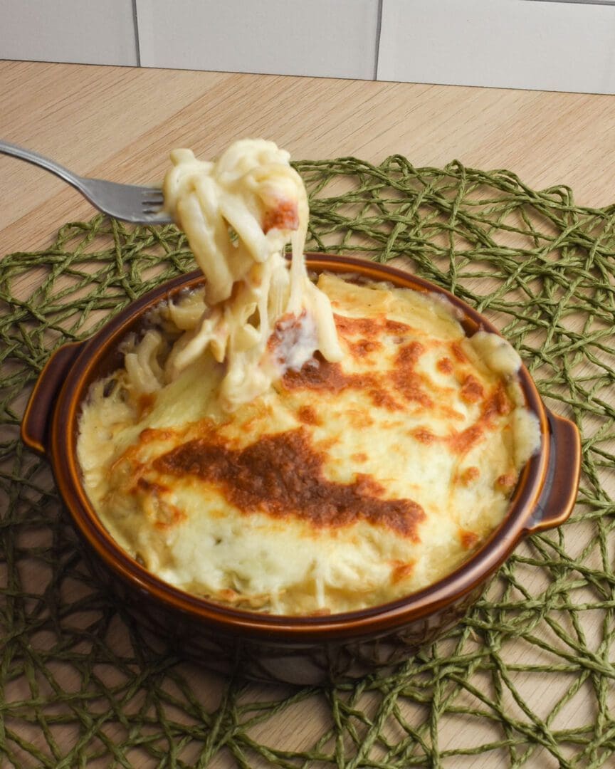 Udon Casserole adding white sauce and cheese to Chicken Flavor Udon