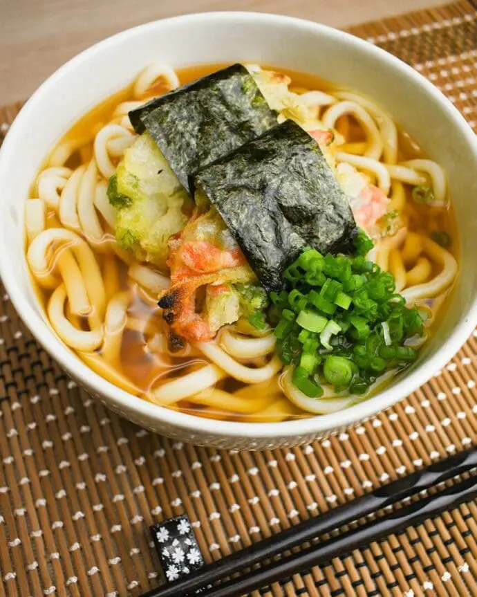 Hot Udon topping with wrapped kakiage (fried vegetable tempura) with seaweed