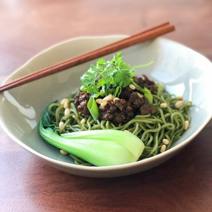 Vegan dan dan noodles with Kale Noodles