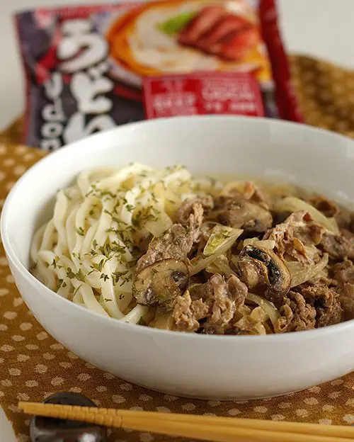 Beef Stroganoff, a sauteed beef dish originating from Russia, with Beef Flavor Udon