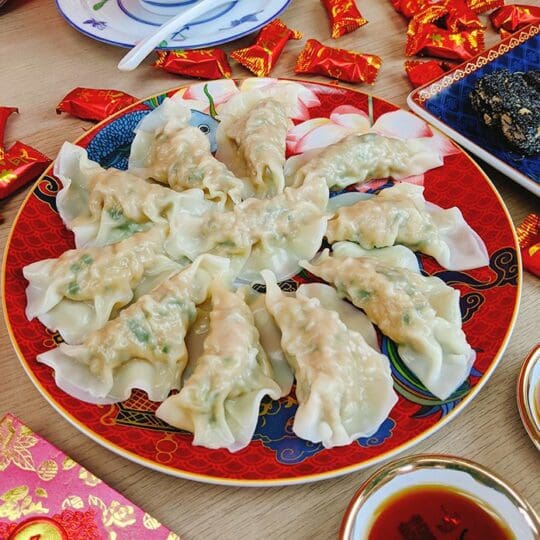 Boiling gyoza made with Myojo Gyoza Wrapper for Lunar New Year