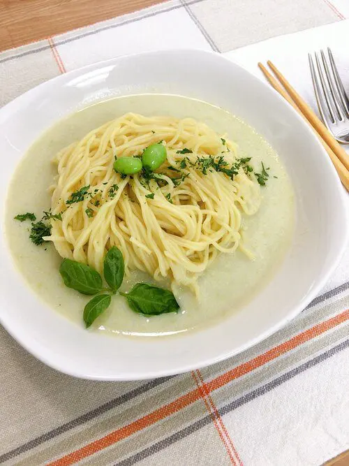 Signature Shio Ramen with edamame vichyssoise made with cream, pureed onions, potatoes, and chicken broth