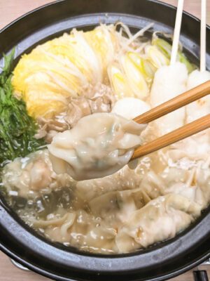 Gyoza hotpot with kiritanpo (pounded rice cake), nappa cabbages, bean sprouts, maitake mushrooms, green onions, and mizuna