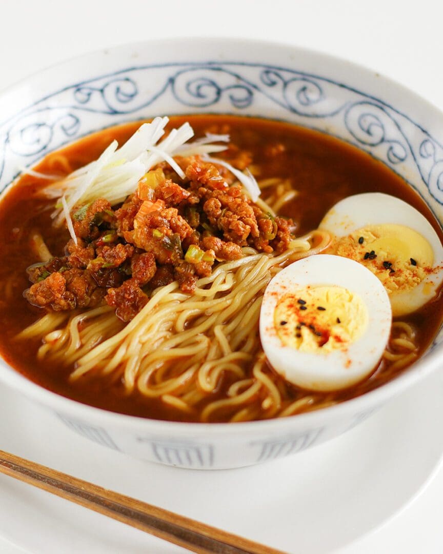 Signature Spicy Miso Ramen with a crispy and spicy minced pork