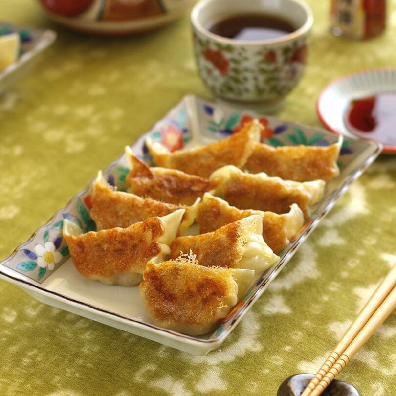 Vegetarian walnuts gyoza made with firm tofu, walnuts, onion, celery, carrot, and shiitake mushrooms