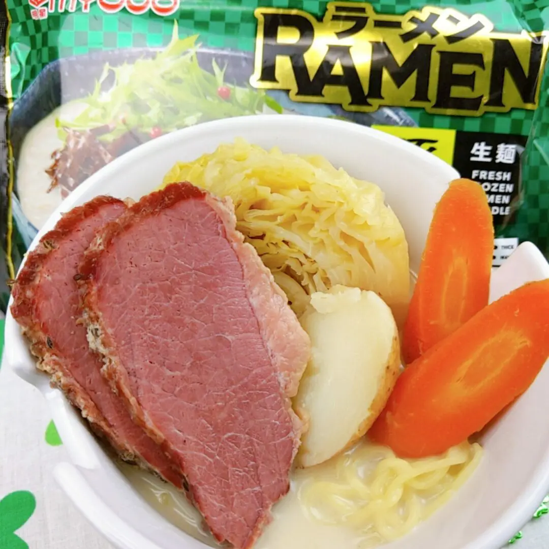 Tonkotsu ramen with leftover corned beef from St. Patrick's Day