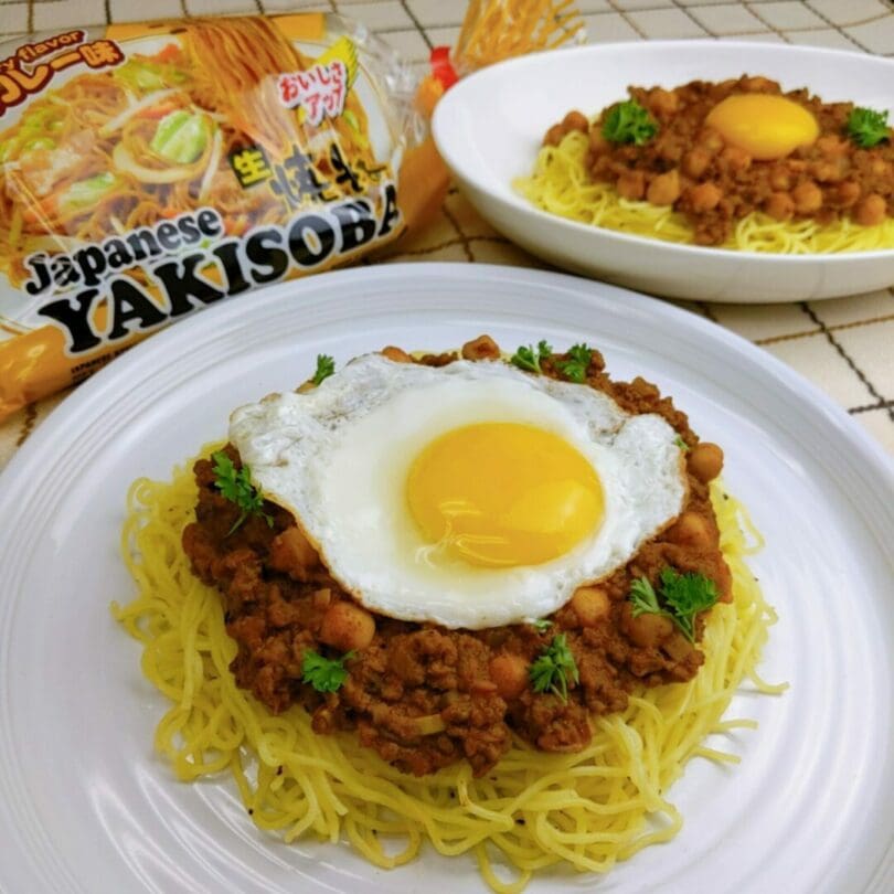 Keema curry yakisoba using Signature Curry Yakisoba topping with egg