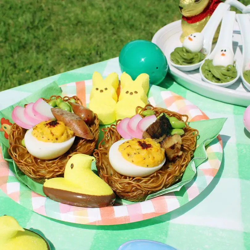 Deviled egg on shoyu ramen nest with ramen toppings for Easter Sunday