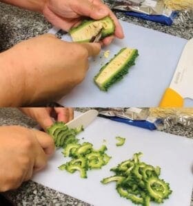 Sesame Hiyashi Chuka with Kalua Pork and Bitter Gourd Step 1 - Remove seeds and cut to thin slices