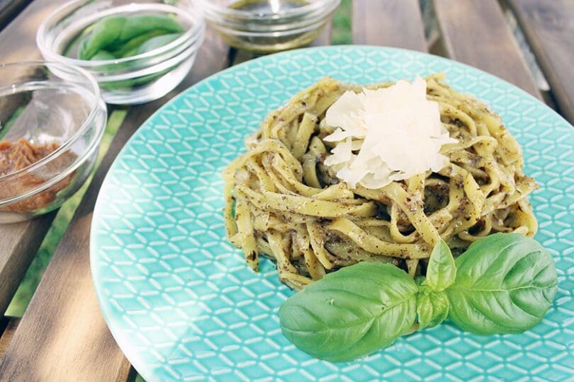 Okinawa Soba Miso Pesto topped with parmesan cheese and parsley