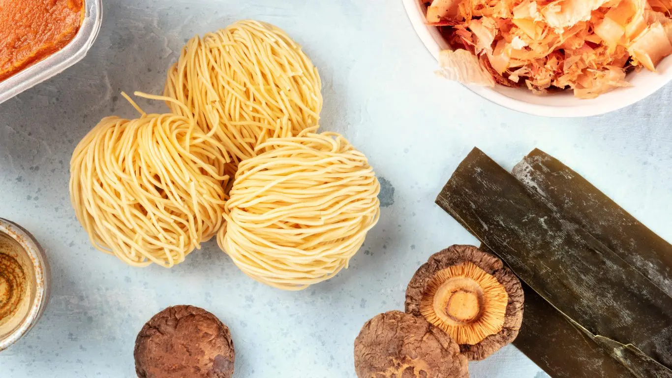 Noodles and dashi ingredients: kelp, dried bonito flakes and shiitake mushrooms