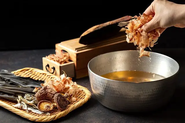 Dashi ingredients: kelp, dried bonito flakes, shiitake mushrooms and dried sardines