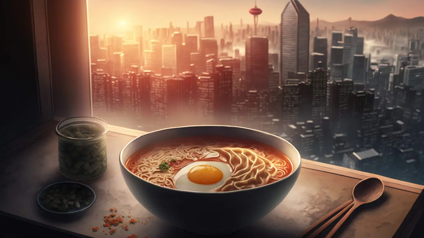 立ち並ぶ高層ビルを背景にしたラーメンのイラストレーション