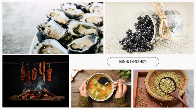 Oyster, caviar, smoked foods, chicken soup and buckwheat with a title: RAMEN TREND 2024