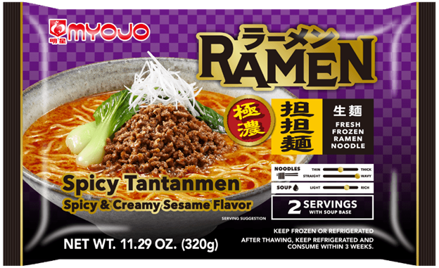 Package of Myojo Spicy Tantanmen Ramen featuring a bowl of noodles in a spicy, creamy sesame soup with ground meat, green vegetables, and shredded garnish. Label reads 'Spicy & Creamy Sesame Flavor', 'Fresh Frozen Ramen Noodle', and shows soup and noodle texture levels