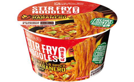 Myojo Stir Fry Noodles cup featuring sweet & spicy habanero flavor. The packaging highlights thick noodles, vegetables, and chili pepper, with text like 'Freshly Cooked Noodles' and 'Just Add Water & Microwave'