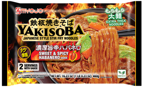 Myojo Yakisoba package featuring Japanese-style stir fry noodles with sweet & spicy habanero sauce. The image shows thick noodles, vegetables, and chili pepper graphics, with labels like 'Extra Thick Noodles' and '2 Servings with Sauce'