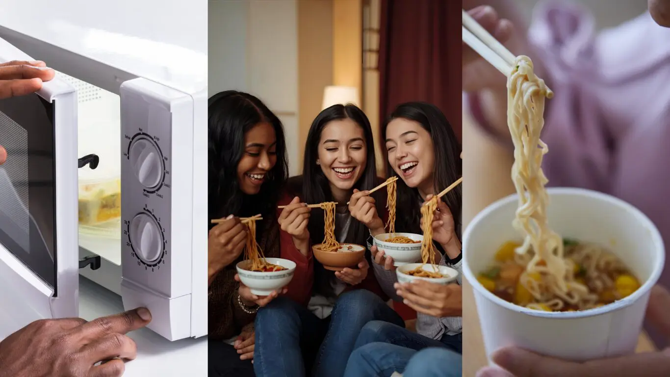 Three panels show ramen hacks: heating food, friends laughing while eating, and a close-up of chopsticks lifting noodles.