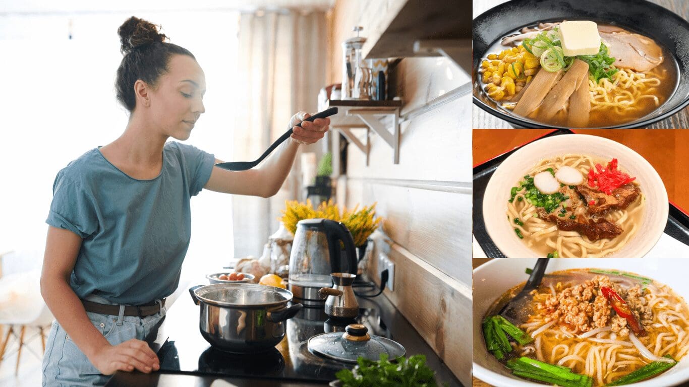 台所で料理をする女性と、札幌味噌ラーメン・沖縄そば・台湾ラーメンなど各地のラーメン。