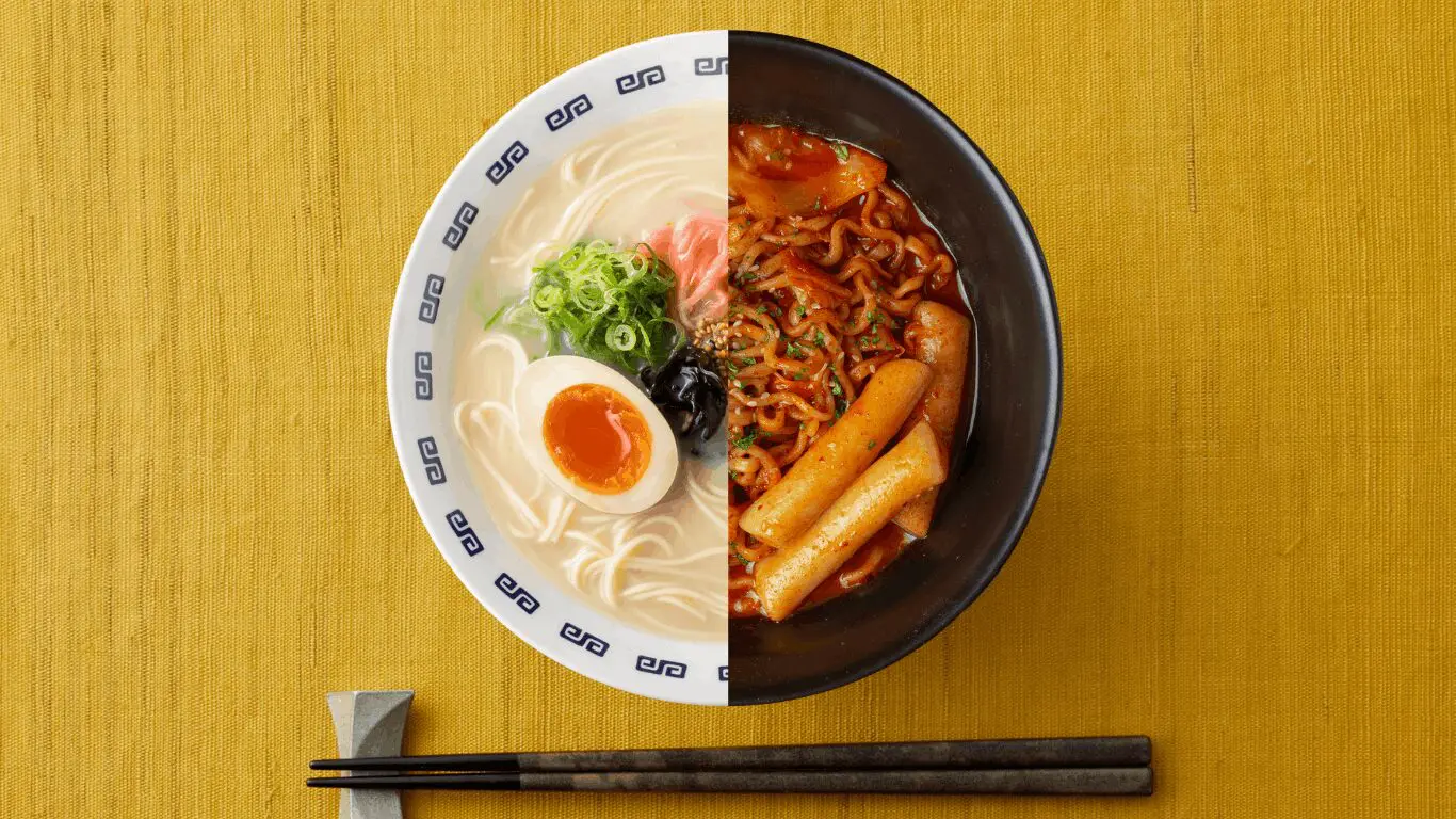 A side-by-side visual comparing Japanese and Korean noodle dishes